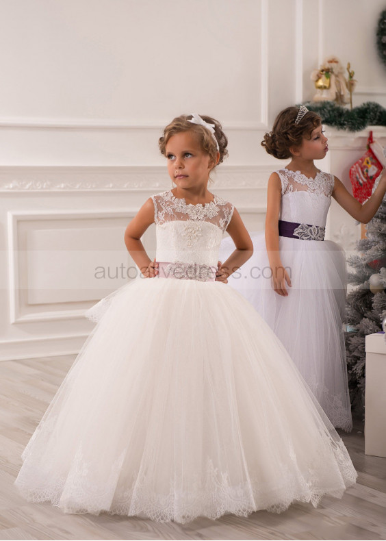 Fabulous Lace Tulle Beaded Keyhole Back Flower Girl Dress